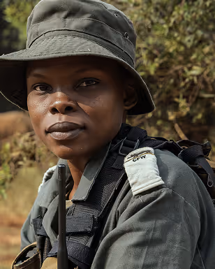 Close-up of a woman in uniform and hat outdoors with radio equipment on her chest.