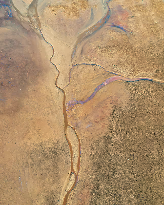 Aerial view of a dry landscape with winding river channels creating branching patterns.