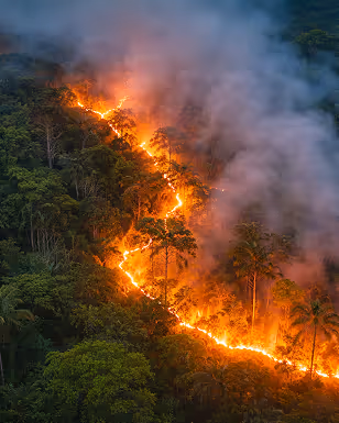 Wildfire burning through dense forest with thick smoke rising above the trees.